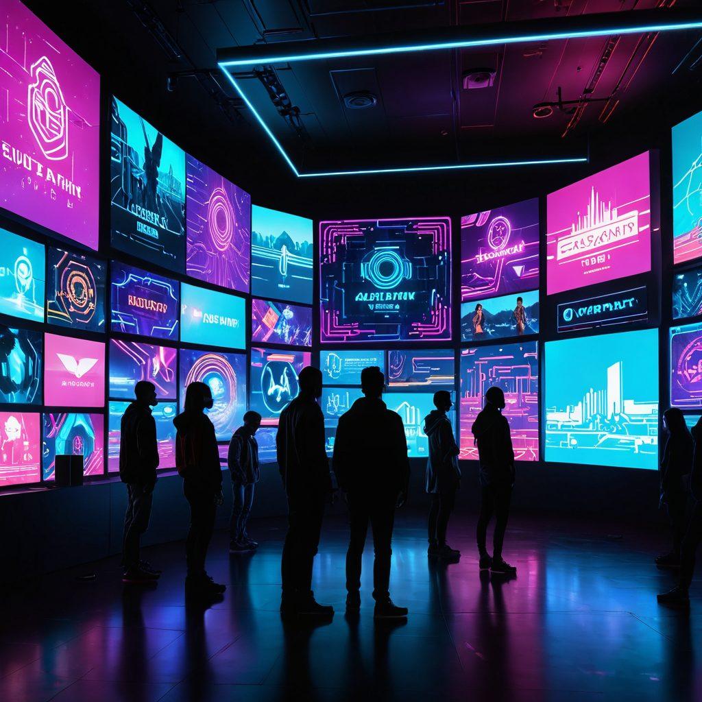 A modern, sleek digital landscape featuring a vibrant glow from multiple screens showcasing various adult streaming platforms. Incorporate technological elements like circuit patterns and neon lights to symbolize transformation. Include silhouettes of diverse people engaging with technology, reflecting changes in societal norms. The background should blend with abstract shapes and dynamic colors to evoke excitement and intrigue. super-realistic. vibrant colors. cyberpunk.